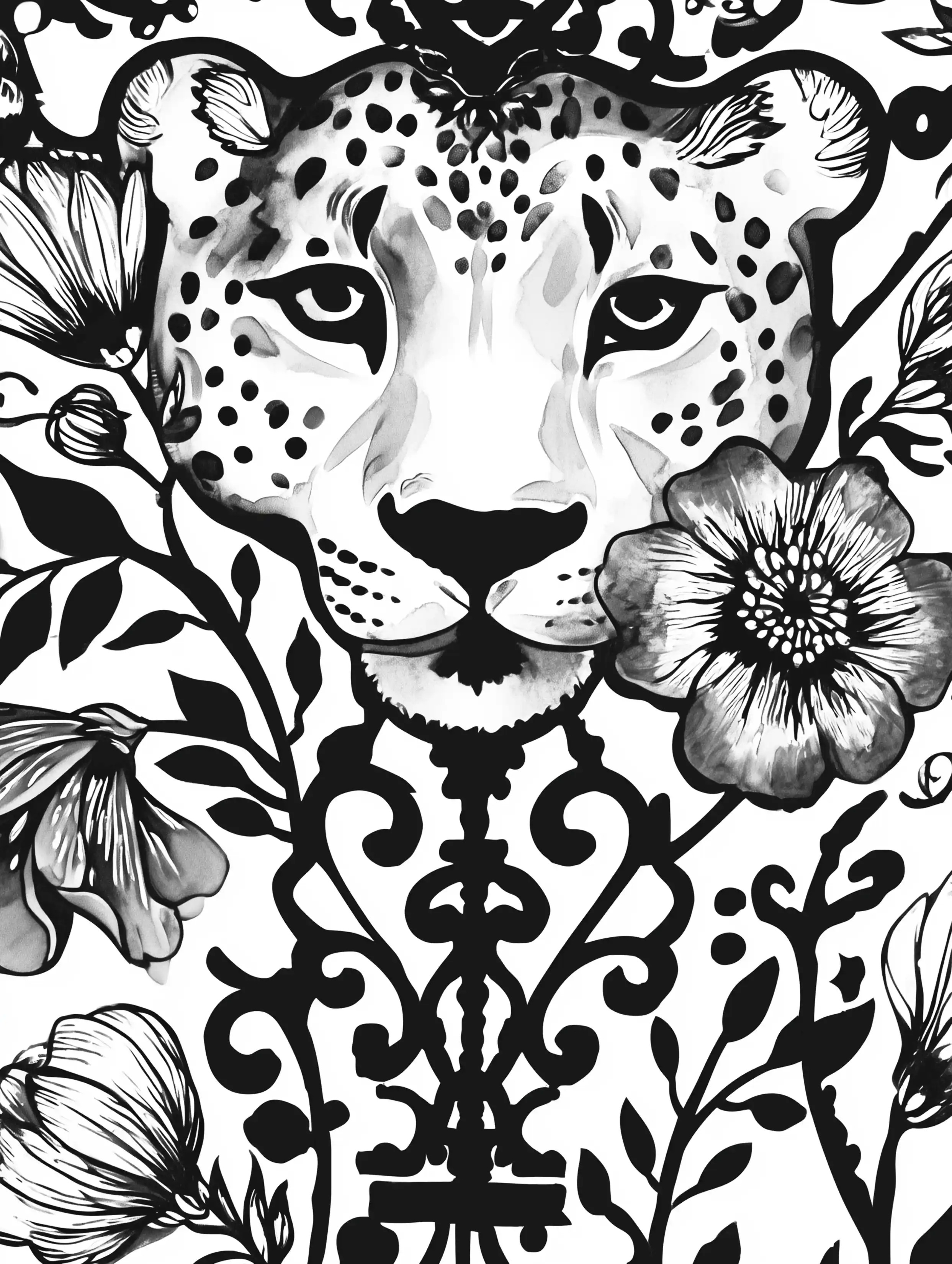 Free cheetah printable coloring page featuring a cheetah head with wrought iron styling